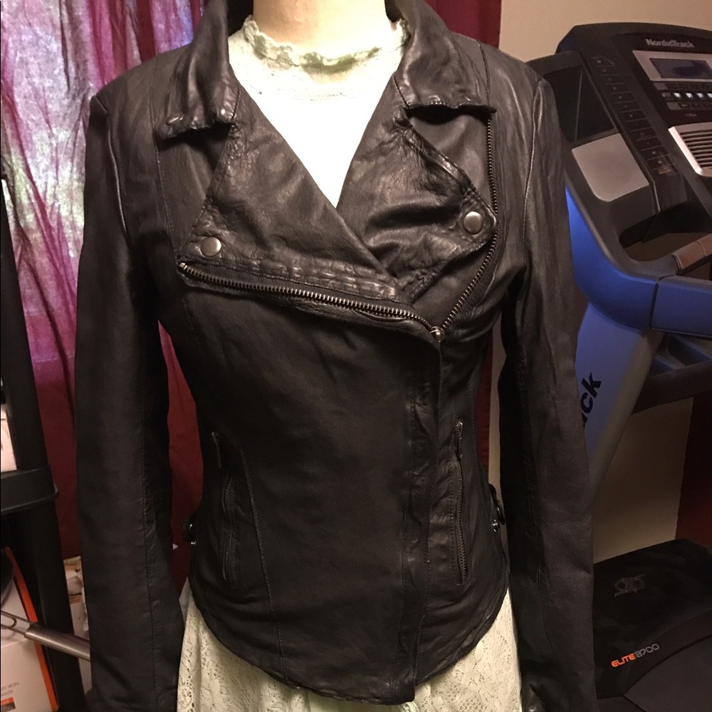 Women's Black Leather Asymmetric Zip Jacket